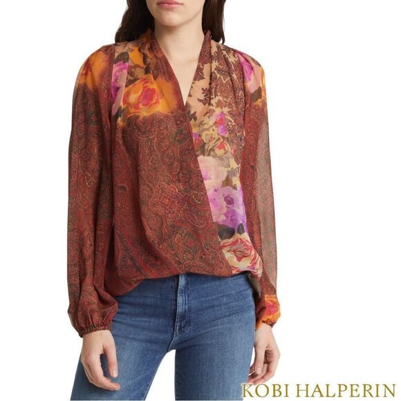 KOBI HALPERIN **NWT** Cleo Paisley-Print Blouson-Sleeve Blouse in Papaya Multi - Picture 5 of 15